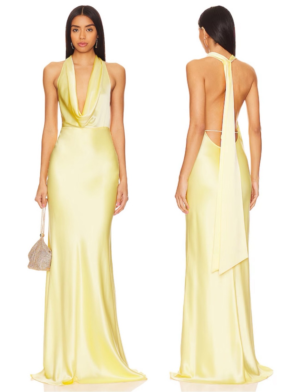 SAU Lee Pearl Plunging Cowl Neck Satin Gown Popcorn Yellow NEW with tags